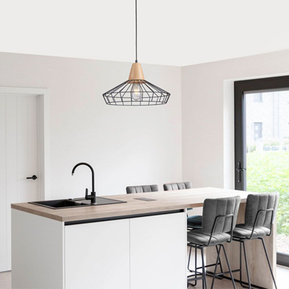 Pendant Metal with Wood E27 Black