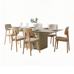 Dining Set – Extendable Grey Ceramic Table & 6 Beige Chairs