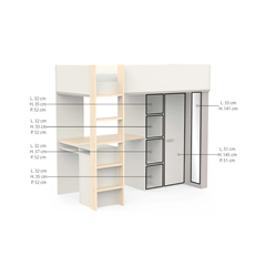 Loft Bed with Desk, Storage & Mirror – Beige & Grey