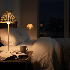 Portable Table Lamp White & Rattan + Remote Controller