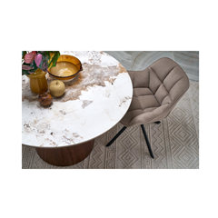 Arani Round Table – Beige Marble & Walnut