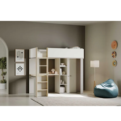 Loft Bed with Desk, Storage & Mirror – Beige & Grey