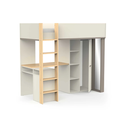 Loft Bed with Desk, Storage & Mirror – Beige & Grey