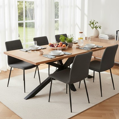 Rectangular Oak Veneer Dining Table with Black Metal Cross Legs – 220 cm