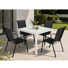 Dining Set - White Aluminium & Glass Table 100x100x74 + 4 Black Garden Armchairs