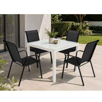 Dining Set - White Aluminium & Glass Table 100x100x74 + 4 Black Garden Armchairs