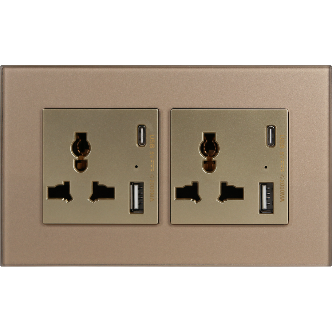 2 Gang 13Amp Socket Usb-C Gold Temp Glas