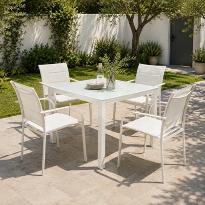 Outdoor Dining Set White – 4 Aluminium Padded Sling Chairs & Glass Table