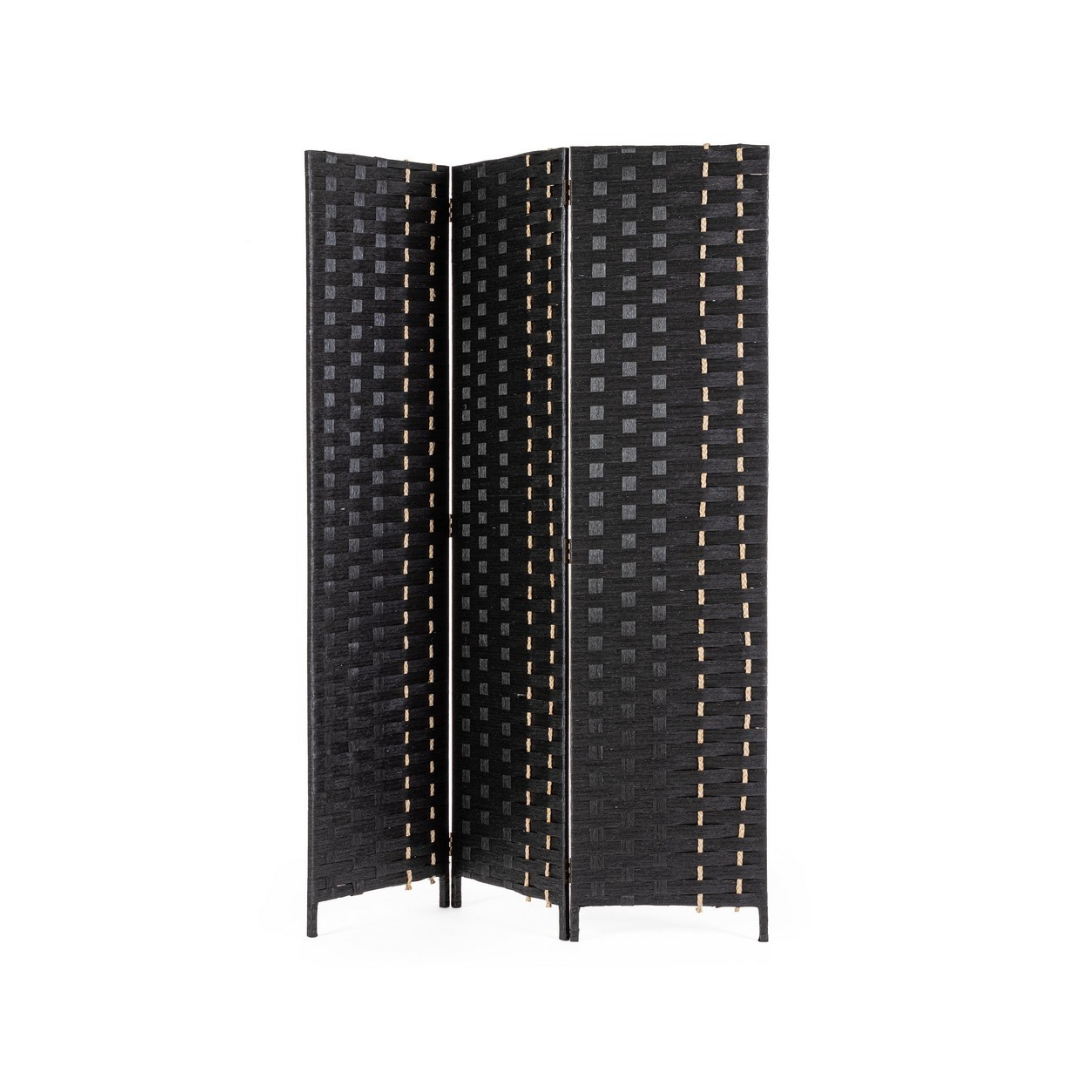 3-Panel Folding Screen with Poplar Wood and Black Straw