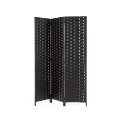 3-Panel Folding Screen with Poplar Wood and Black Straw