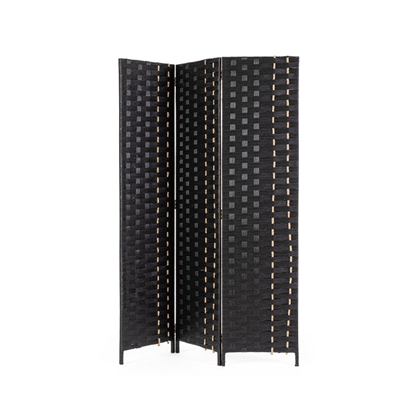 3-Panel Folding Screen with Poplar Wood and Black Straw