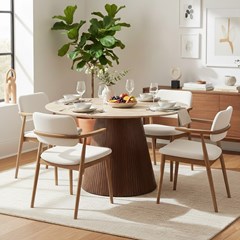 Travertine Round Dining Table - Walnut Base (4-Seater)