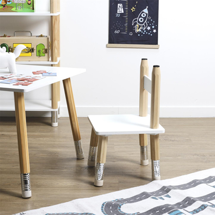 Set Pencil Table + 2 Chairs – White & Wood/Silver