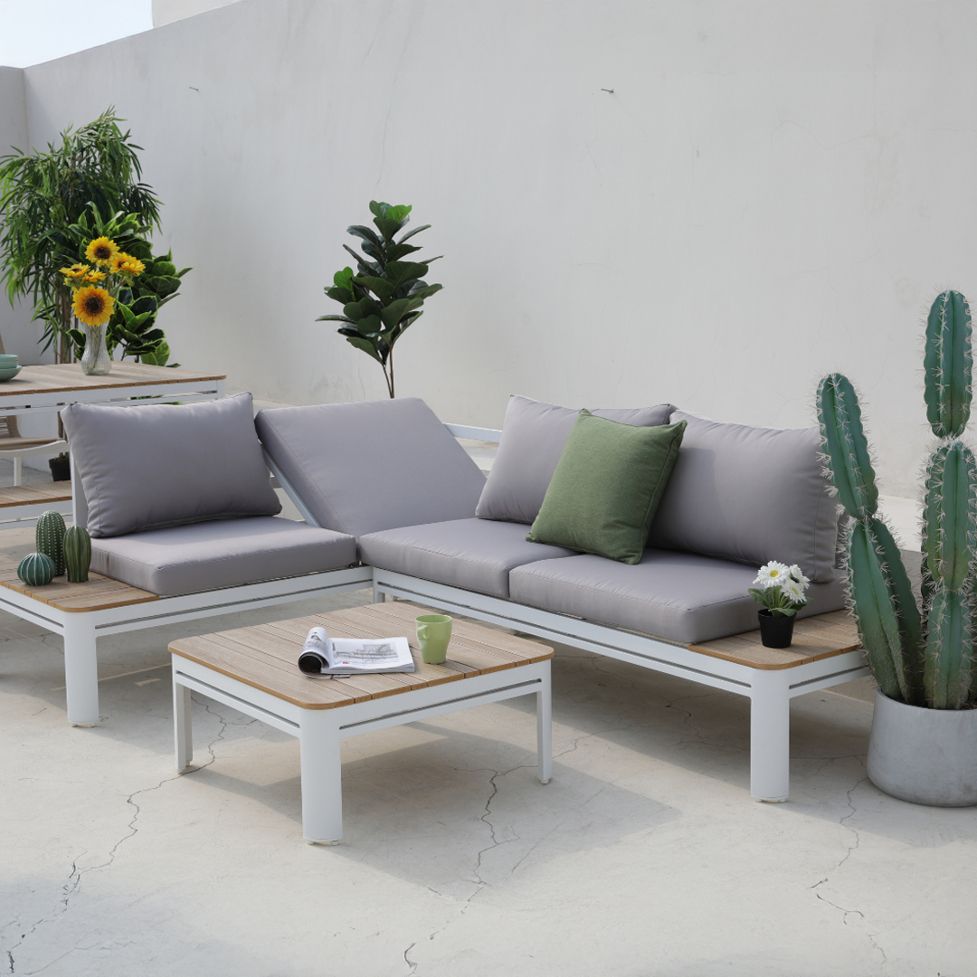 Outdoor Corner Sofa Set  Aluminium White Wood Effect