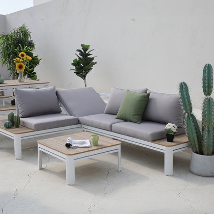 Outdoor Corner Sofa Set  Aluminium White Wood Effect