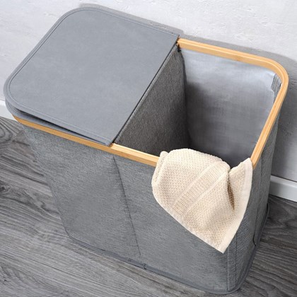 Grey Laundry Basket with Bamboo Frame