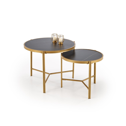 Set Of Two Coffee Tables Black Marble Gold