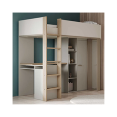 Loft Bed with Desk, Storage & Mirror – Beige & Grey