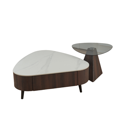 Set of 2 Coffee Tables - White Marble Ceramic Top with Black Walnut Frame and Small Glass-Top Table