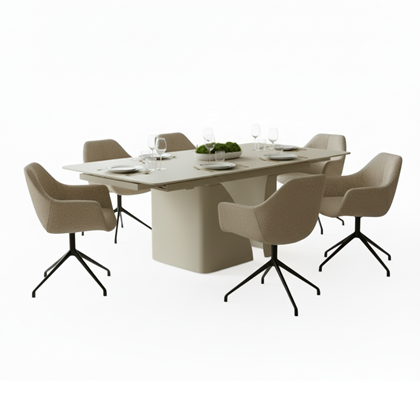 Dining Set – Extendable Ceramic Table & 6 Beige Swivel Chairs
