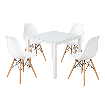 Dining Set - White Aluminium & Glass Table 100x100x74 + 4 White Dining Chairs