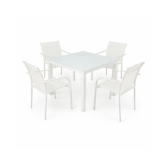 Outdoor Dining Set White – 4 Aluminium Padded Sling Chairs & Glass Table
