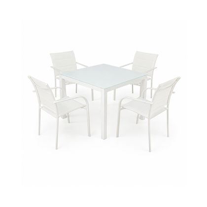 Outdoor Dining Set White – 4 Aluminium Padded Sling Chairs & Glass Table