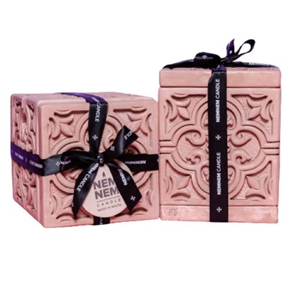 Maltese Tile Large Cube Candle Jar - Pink Cotton Flower