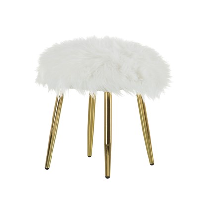 Fur Pouf White Fabric Metal
