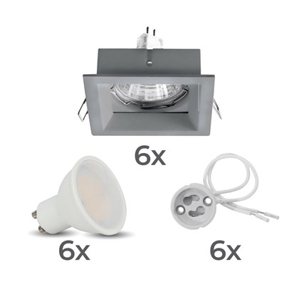 Complete Set of 6 Square Downlights Gu10 4.5W 3000K - Grey