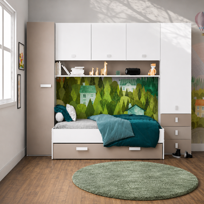 Set Bridge Bed with Slats & Drawer 90x200 – Matt White & Clay