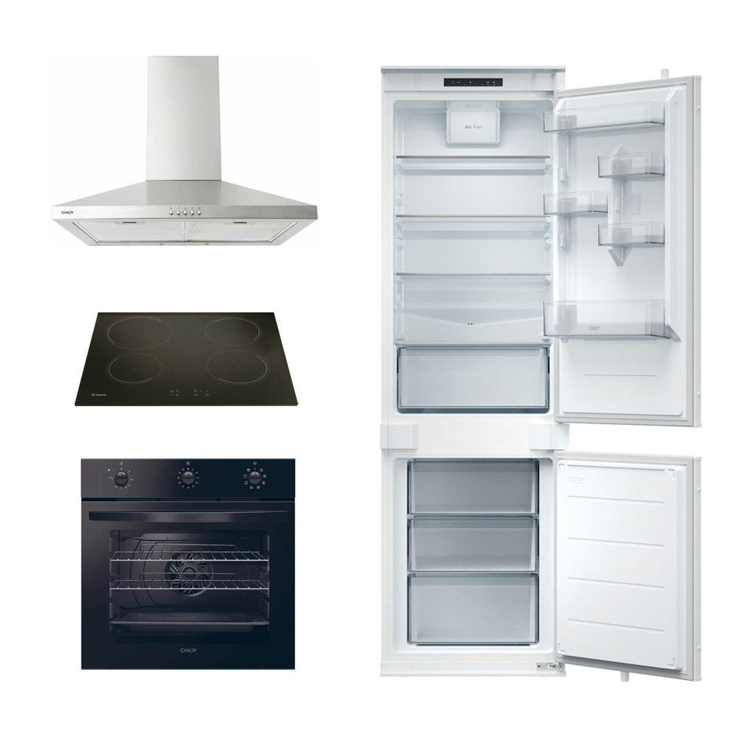 Set of Electric Induction Hob + Electric Oven 65L + Wall Mounted Cooker Hood + Fridge