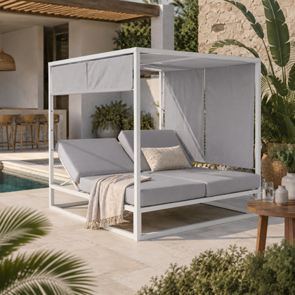 Aluminum Sun Lounger Bed with Adjustable Sunshades - White