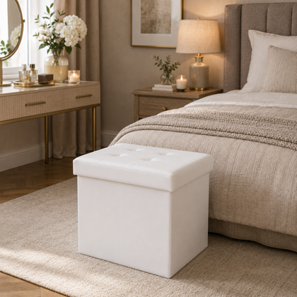 Foldable Storage Pouf in White