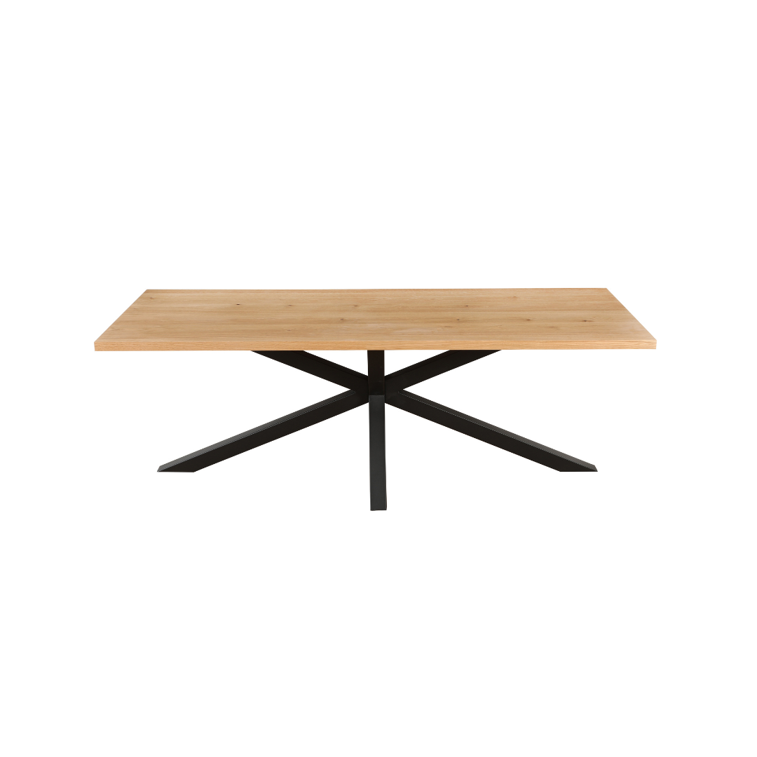 Rectangular Oak Veneer Dining Table with Black Metal Cross Legs – 220 cm