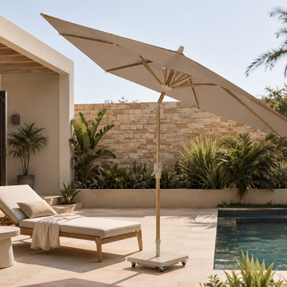Round Parasol D300 cm – Taupe Fabric and Teak Look Frame