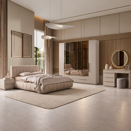 Bedroom Set 200x180cm - Cream & Dark Walnut