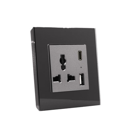 1 Gang 13AMP Socket USB C Black Temp Glass