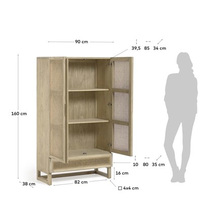 Solid Mindi Wood and Veneer Cabinet with Rattan 90 x 160 cm