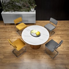 Round Dining Table - White Marble & Walnut