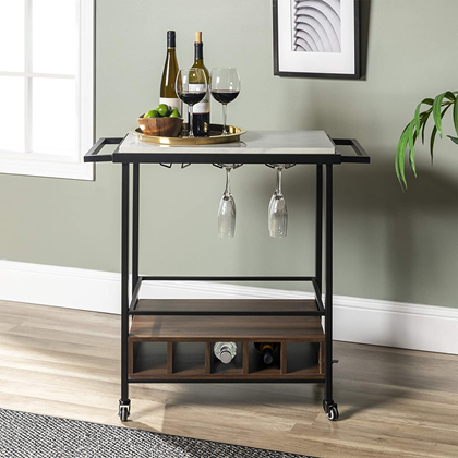 Marble and Wood Bar Serving Cart with Wheels