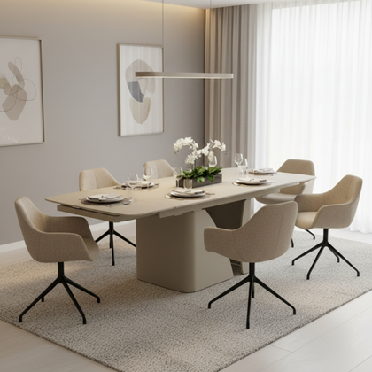 Dining Set – Extendable Ceramic Table & 6 Beige Swivel Chairs