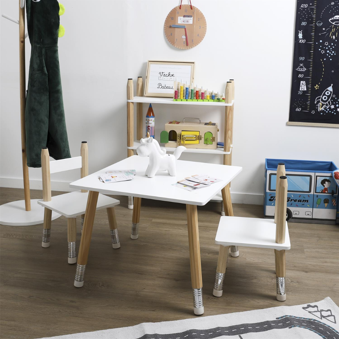 Set Pencil Table + 2 Chairs – White & Wood/Silver