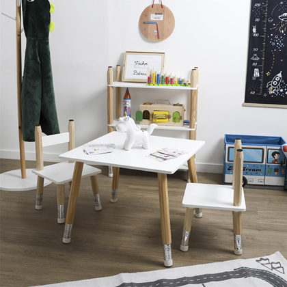 Set Pencil Table + 2 Chairs – White & Wood/Silver