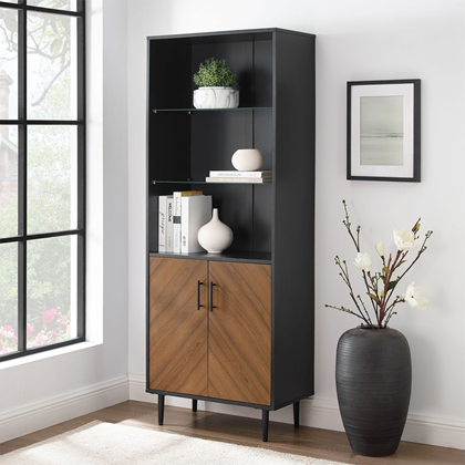 Modern Tall Accent Cabinet with Glass Shelves - Solid Black