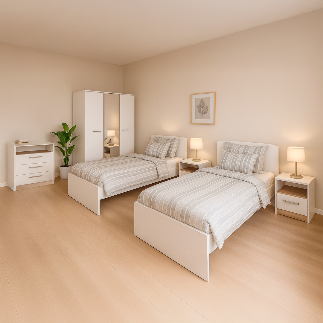 Bedroom Set with Single Beds - White & Oak