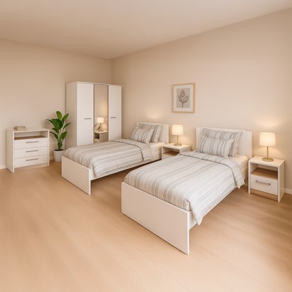 Bedroom Set with Single Beds - White & Oak