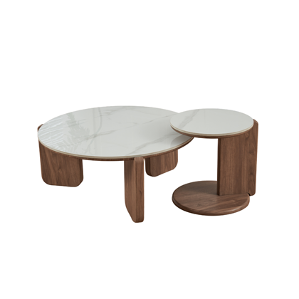 Set of 2 Coffee Tables - White Marble Ceramic Top with Wood Frame