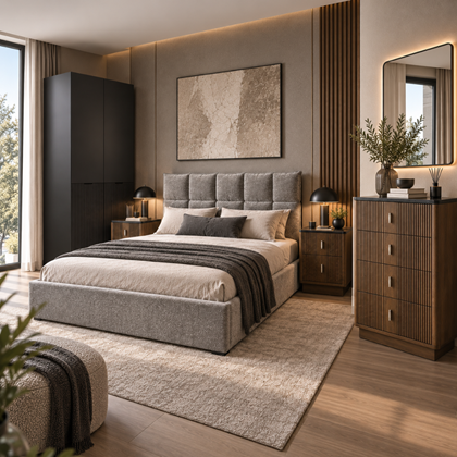 Bedroom Set 160x200- Dark Walnut, Black & Light Grey