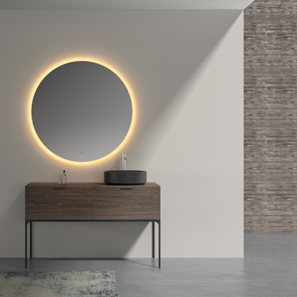 Bathroom Vanity Black Walnut - Ceramic Basin and Round Mirror